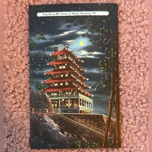 Pagoda Mt Penn Reading Pennsylvania PA Linen Postcard Vtg Unposted Night vintage